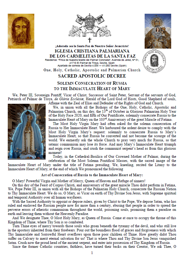 Sacred Apostolic Decree <br>Solemn Consecration of Russia to the Immaculate Heart of Mary
